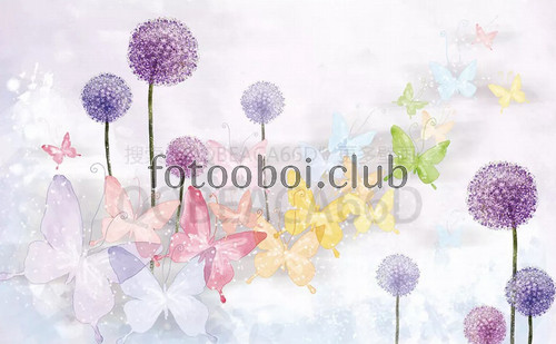 одуванчики, бабочки, цветы, 3д, 3d